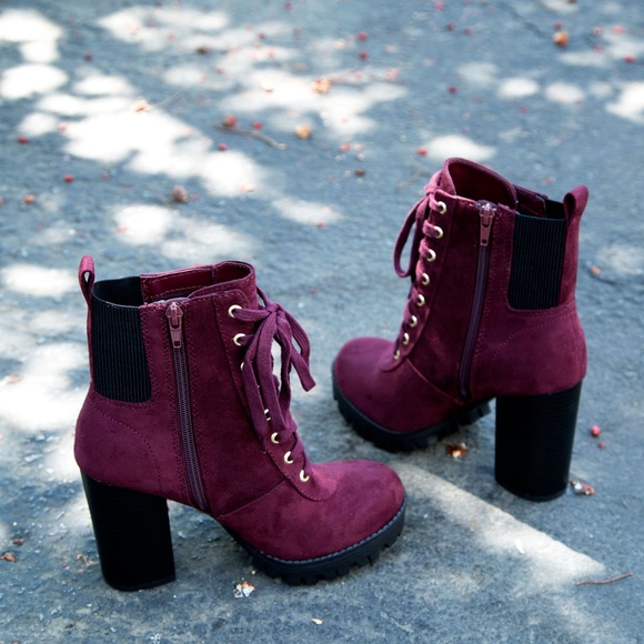 HP💃 Wine Ankle Boots Booties Chunky Heel Lug Sole - Picture 5 of 6
